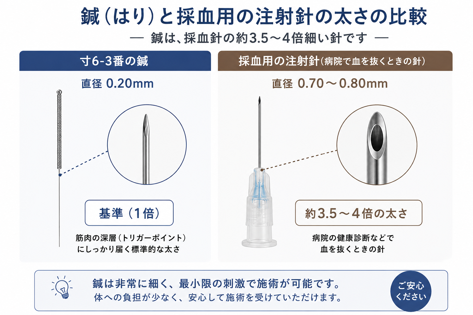 注射針と鍼のサイズを比較したイラスト