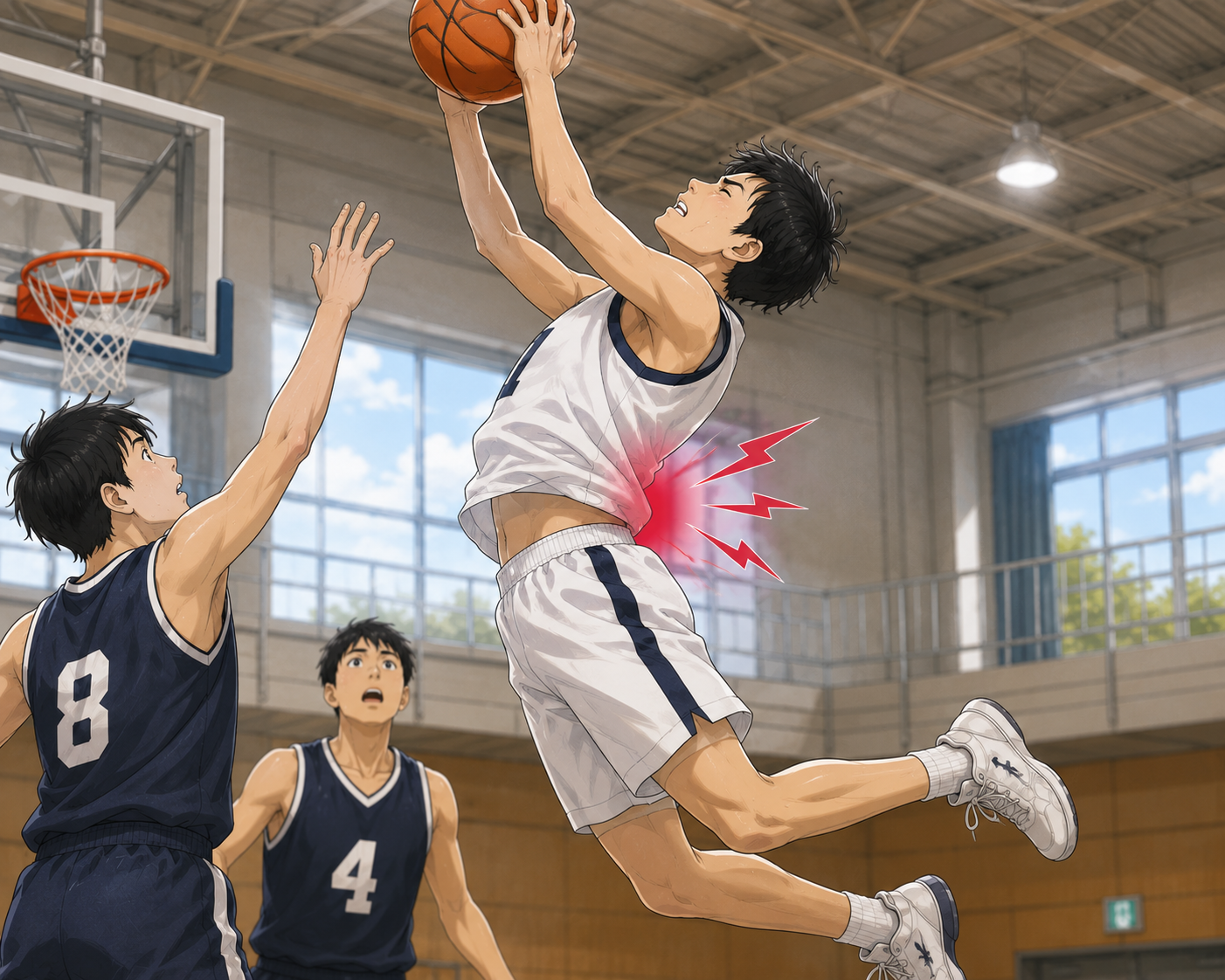 ジャンプ動作で腰が痛いバスケ選手のイラスト