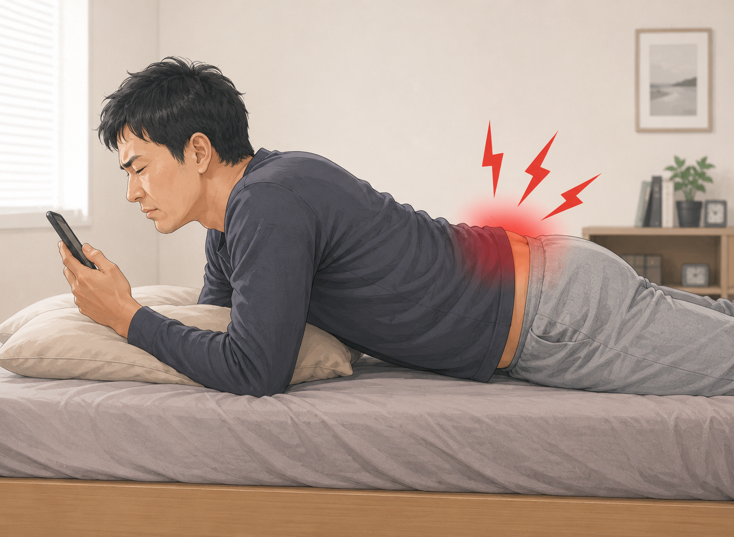 うつ伏せでスマホ見ていると腰が痛い男性のイラスト