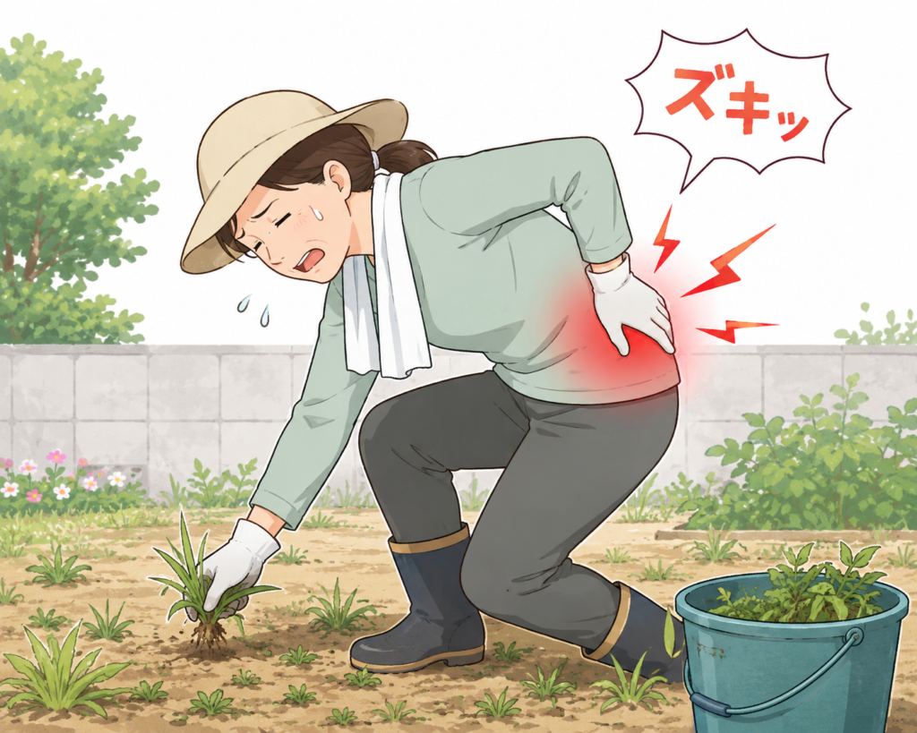 草むしりで腰を痛めた人のイラスト