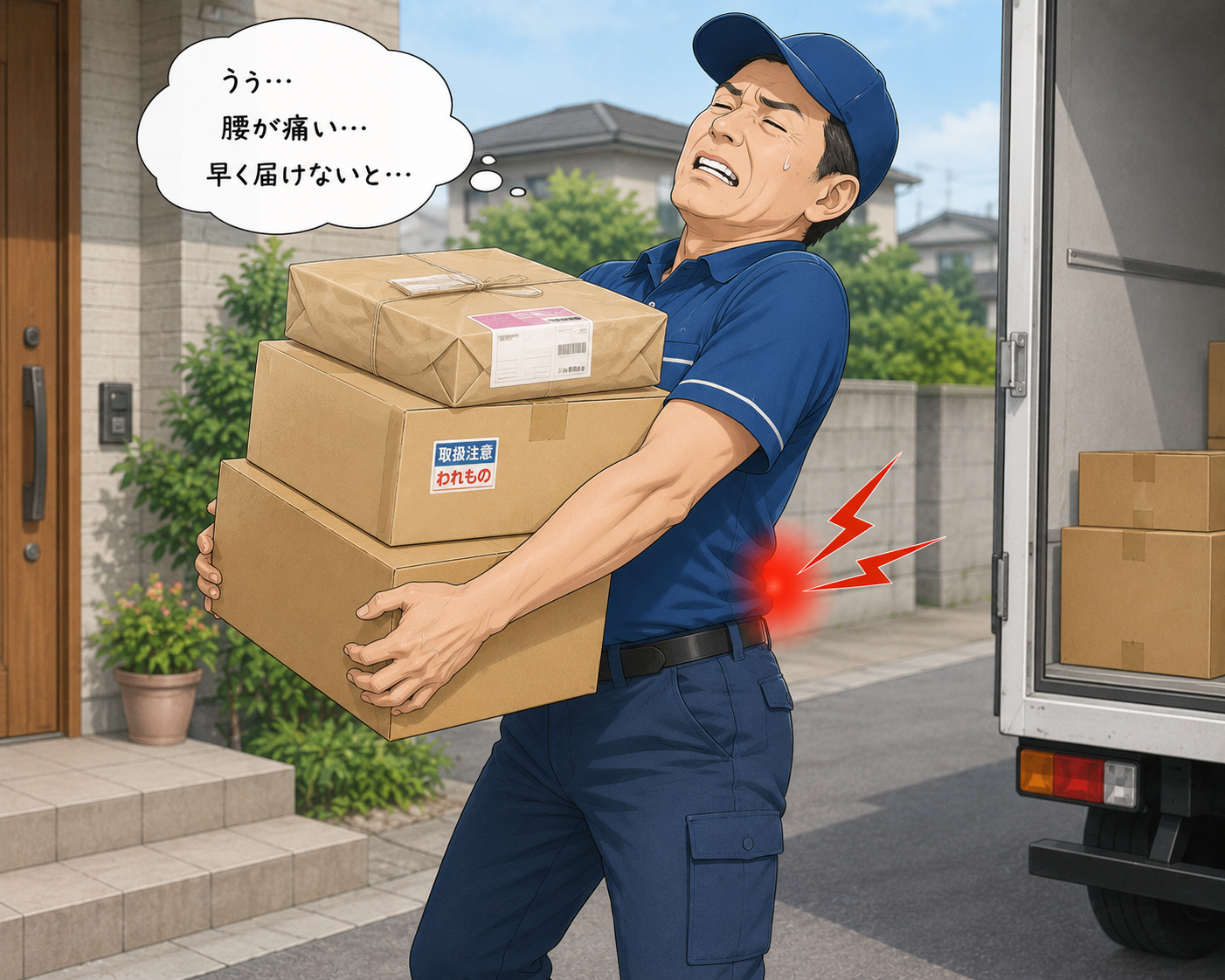 重たい荷物を運ぶときに腰が痛いイラスト