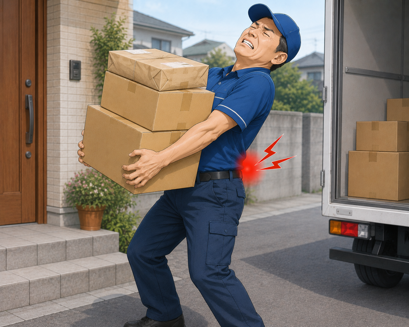 重たい荷物を運ぶときに腰が痛いイラスト