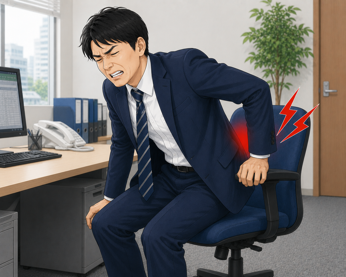 イスから立ち上がるときに腰が痛いイラスト
