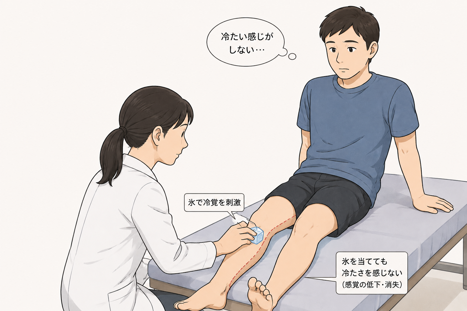 坐骨神経の神経所見を確認する検査で、 氷を当てても冷たく感じないと感じている人のイラスト