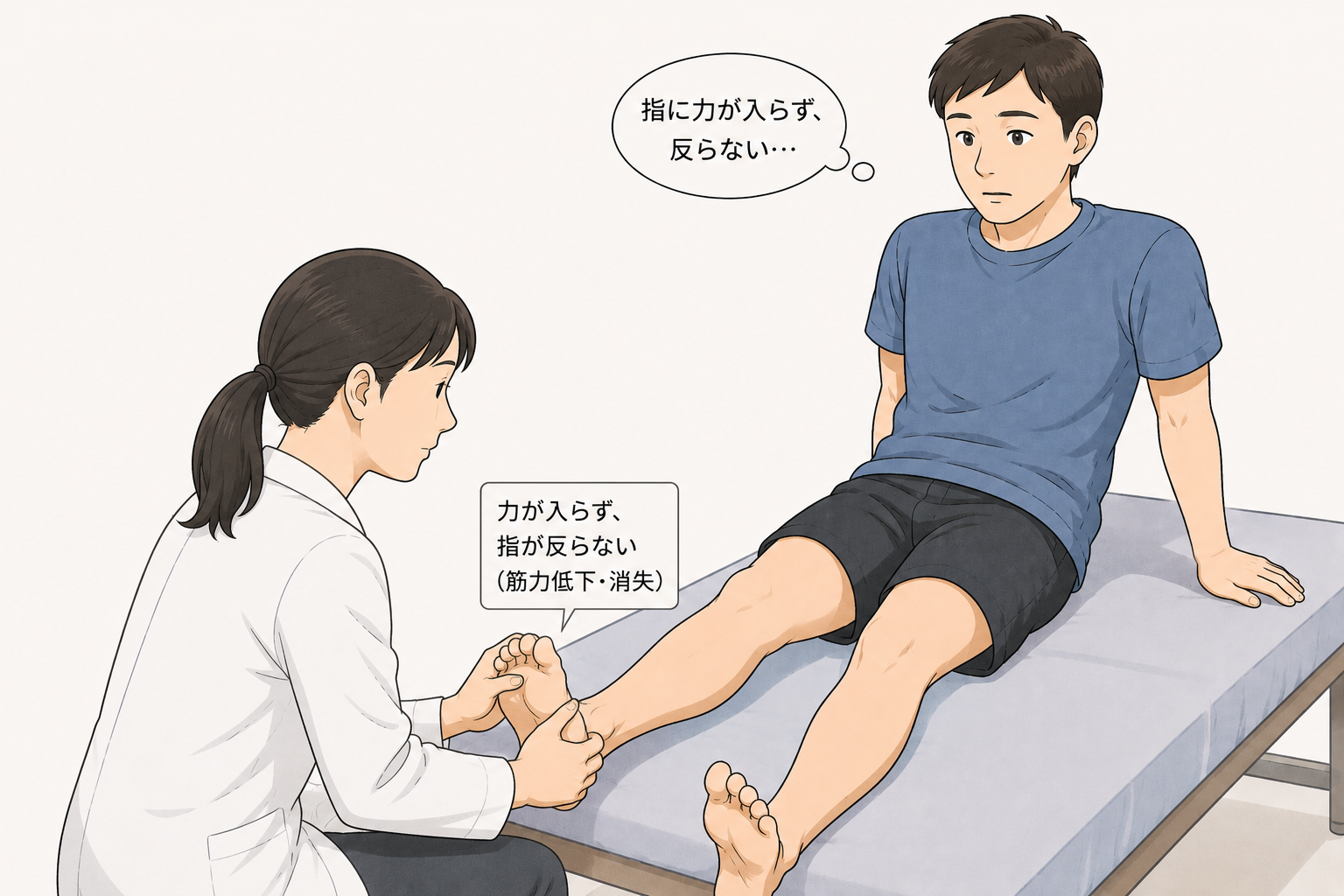 坐骨神経の神経所見を確認する検査で、徒手筋力検査で 足の指に力が入らず、 指が反らない人のイラスト