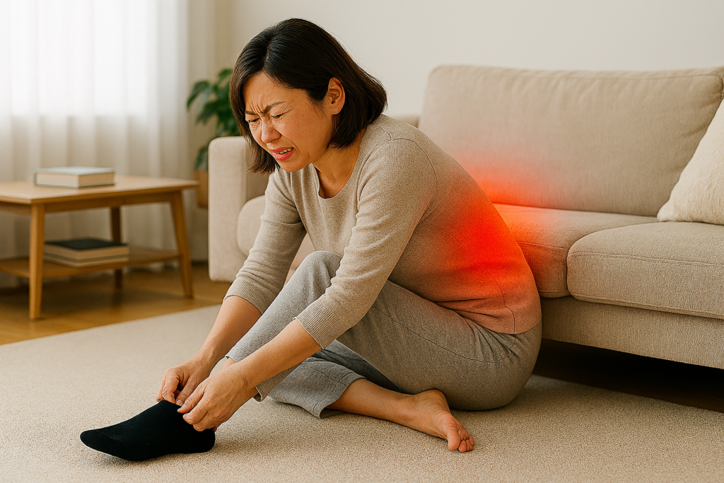 靴下を履くときに腰が痛む女性の写真