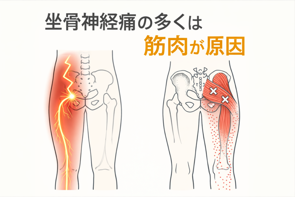 坐骨神経痛の原因を示す図：神経の痛みと梨状筋トリガーポイントによる筋筋膜性疼痛の比較